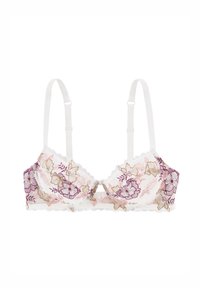 Soutien-gorge en dentelle à motif floral crème avec des accents violets et dorés. Tissu doux, bords festonnés et bretelles blanches réglables.