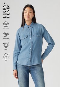 Camisa de ganga azul clara de manga comprida com fecho de botões, dois bolsos no peito, gola e tecido suave em mistura de linho. Adequada para uso casual.