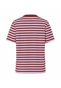 Short-sleeve t-shirt featuring horizontal stripes in maroon and light pink, with a crew neckline and a soft, smooth texture.
