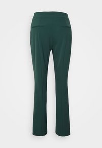Calças verdes ajustadas com uma textura suave, cintura a meia altura e dois bolsos traseiros. Design de perna reta.