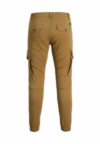 Pantalon cargo marron avec poignets élastiques, poches arrière boutonnées et poches latérales à rabat, vu de dos sur fond blanc.