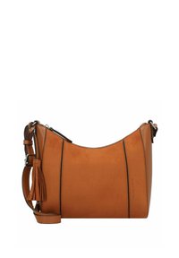 Tansfarbene Ledertasche mit glatter Oberfläche, geschwungenem Design, kontrastierendem schwarzen Faden und einer Quaste am Schulterriemen.