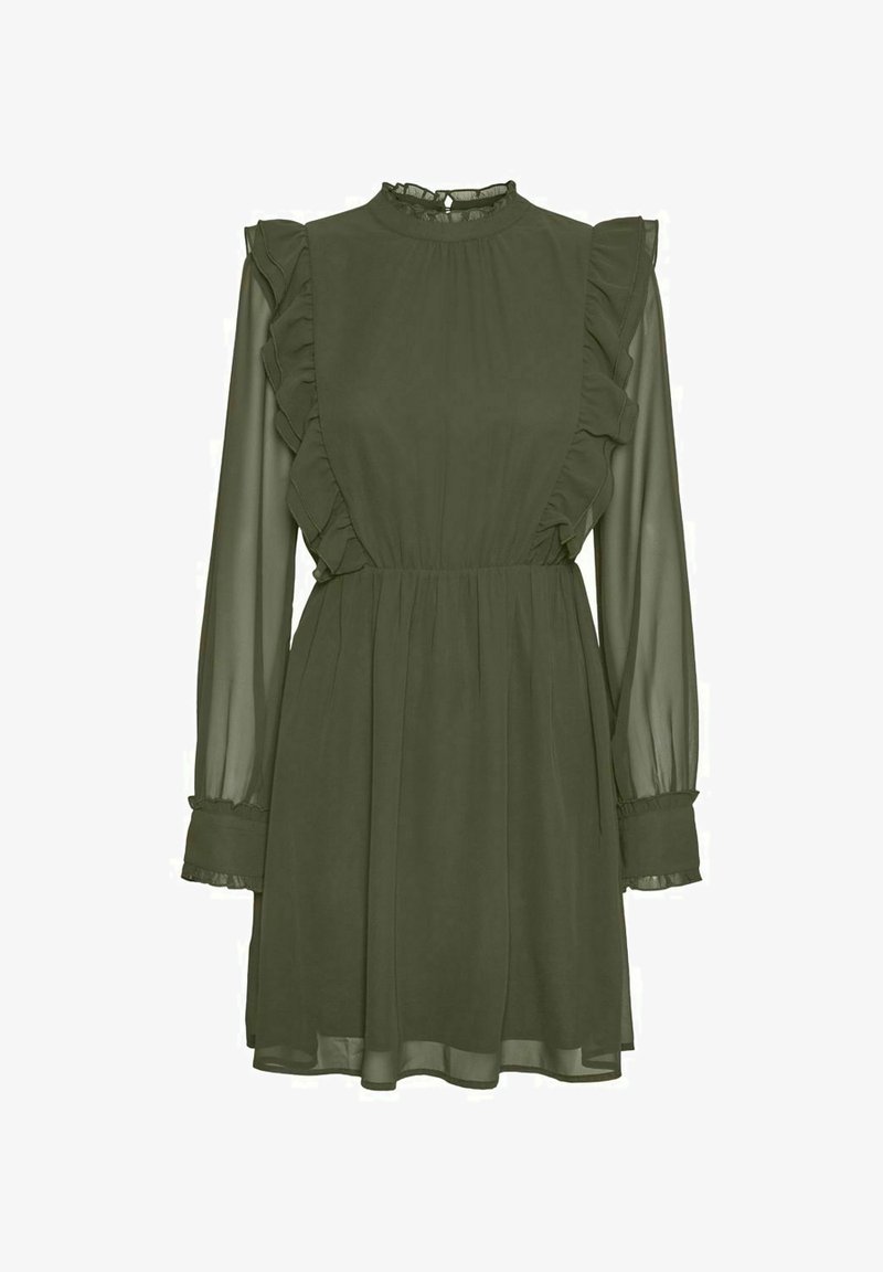 Robe longue en chiffon vert foncé à manches longues, col montant, épaules volantées, taille cintrée et bordure à volants sur les poignets et l'ourlet.