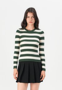 Groen en wit gestreepte ribbeltop met een ronde hals en lange mouwen, gedragen met een zwarte geplisseerde rok.
