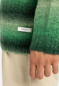 Zielony sweter w odcieniach gradientu, wykonany z miękkiego, teksturalnego materiału, z białą metką oznaczoną "ELEMENT CO. SINCE 1992." Beżowe spodnie częściowo widoczne.