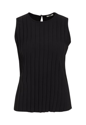 Black sleeveless top with vertical pleats, round neckline, and a small back keyhole detail. Made from a light, textured fabric.