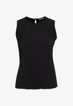Czarna bezrękawnik z pionowymi fałdami, okrągłym dekoltem i małym otworem z tyłu. Wykonana z lekkiego, fakturowanego materiału.