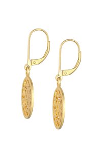Orecchini in tonalità oro con design a ritaglio ovale, chiusura a leva, motivi intricati e superficie liscia. Leggeri ed eleganti.
