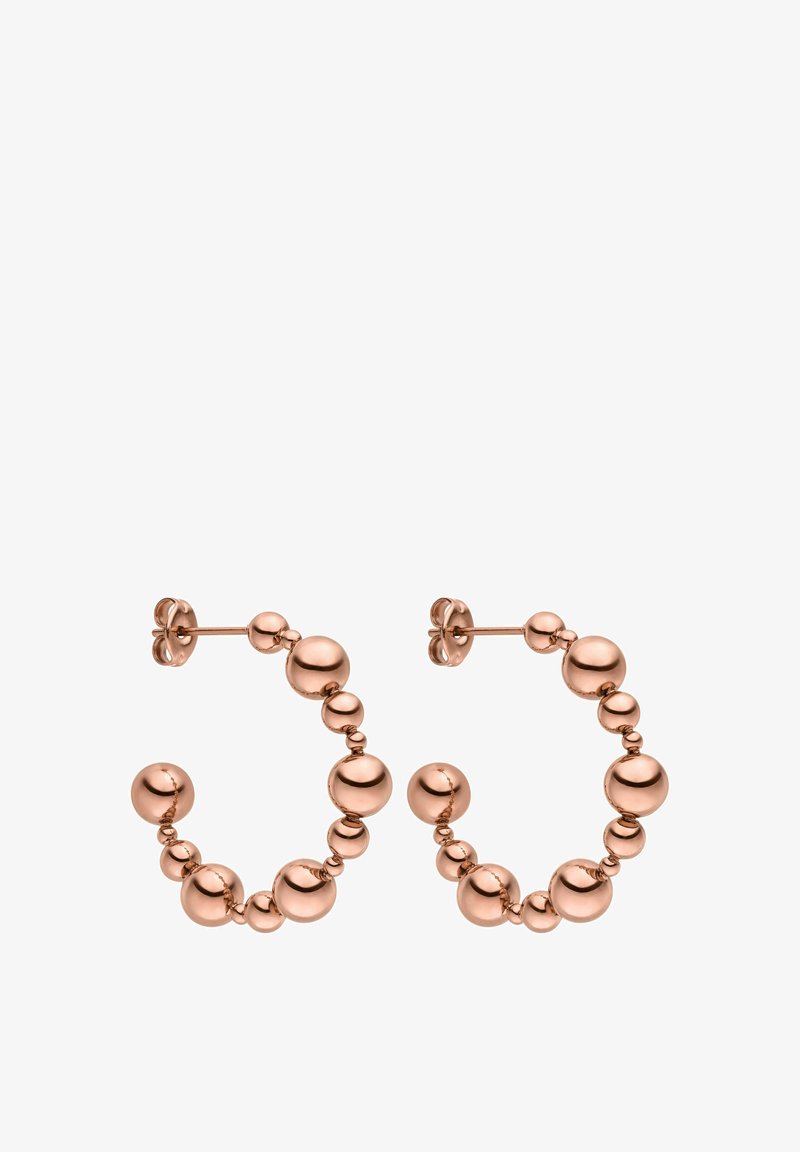 Ohrringe aus Roségold in Form von Creolen, die eine Reihe von sphärischen Akzenten in unterschiedlichen Größen aufweisen und eine strukturierte Optik erzeugen. Stilvolles und minimalistisches Design.