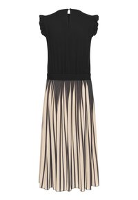 Črna bluzica z nabranimi rokavi, elastičnim pasom in nabrano krilo v kremni barvi z črnimi navpičnimi črtami. Gumbasto zapiranje pri vratu.