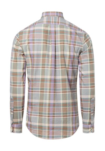 Chemise à manches longues en tartan avec un mélange de tons bruns, bleu et lavande atténués. Fabriquée en coton, avec un col classique et des poignets à boutons.
