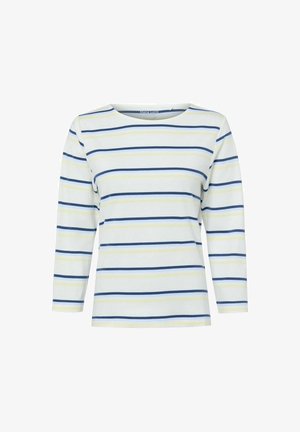 Striped long-sleeve top in light fabric, featuring vertical navy, yellow, and white stripes, with a boat neckline and relaxed fit.