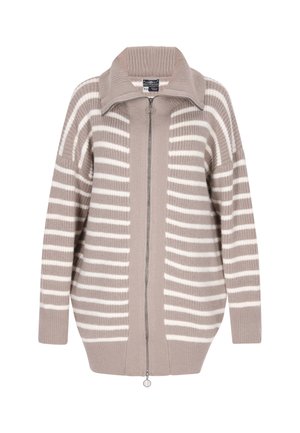 Nopītas džemperis gaiši brūnā krāsā ar baltām svītrām, ar rāvējslēdzēja aizdari un plašu apvalku. Mīksta tekstūra ar brīvu piegriezumu un ribota piedurkne.