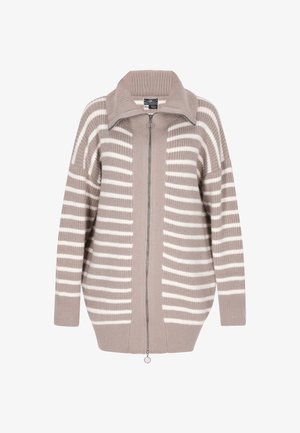 Beige színű kötött kardigán fehér csíkokkal, cipzáros záródással és széles gallérral. Puha tapintású, laza szabású, bordázott mandzsettákkal.