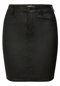 Zwarte denimrok met een getailleerd ontwerp, ritssluiting en voorzakken. Lichte textuur met een subtiele glans en gedetailleerde stiksel.