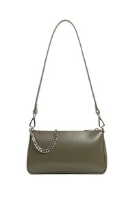 Borsa a tracolla verde oliva con una lunga cinghia e un dettaglio a catena decorativa, caratterizzata da un design elegante e minimalista.