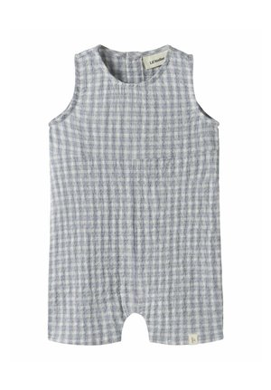 Bezrekawowy pajacyk dla niemowląt w jasnoniebiesko-białą kratkę vichy, z okrągłym dekoltem i małą metką marki przy krawędzi i kołnierzyku.