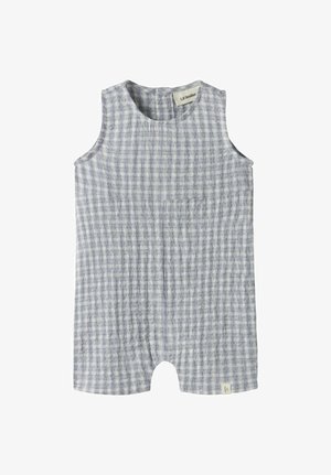 Hihaton vauvan haalari vaaleansiniraidallisella ruutukuvioinnilla, pyöreällä pääntiellä ja pienellä merkin lapulla helman ja kauluksen lähellä.