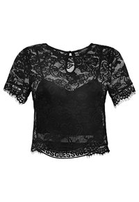 Schwarzes Spitzenoberteil mit kurzen Ärmeln, das ein Blumenmuster, eine transparente Textur und ein kurzes Design aufweist. Enthält eine gebrandmarkte schwarze Einfassung entlang des Saums.