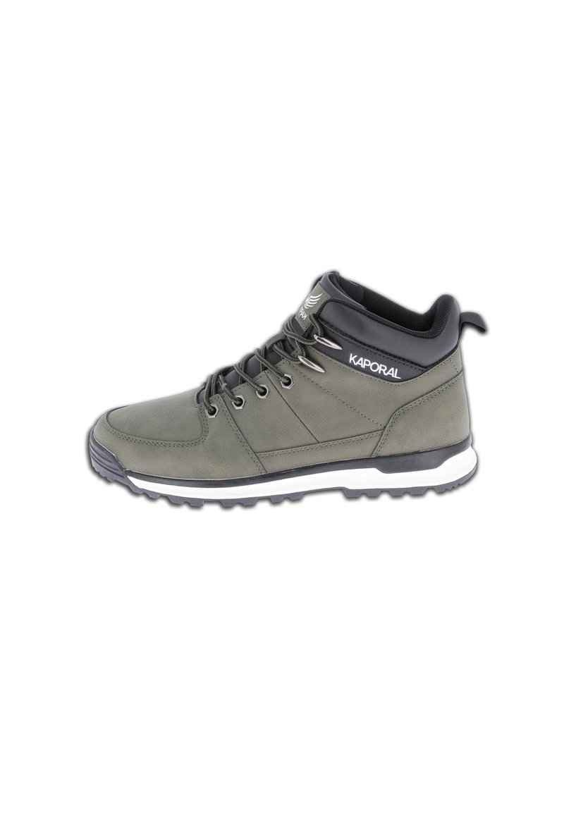 Khaki high-top sneakers with black accents, synthetic material, lace-up closure, padded collar, and white rubber sole detailing.