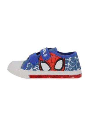 Scarpe da ginnastica per bambini con cinturini blu, volto di Spider-Man sul lato, motivo a ragnatela bianca e puntale e suola in gomma bianca.