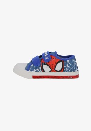 Scarpe da ginnastica per bambini con cinturini blu, volto di Spider-Man sul lato, motivo a ragnatela bianca e puntale e suola in gomma bianca.