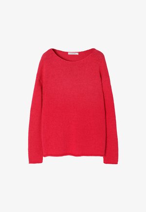Red, lightweight sweater with a round neckline, long sleeves, and a soft, textured knit. Straight hem with slightly dropped shoulders.