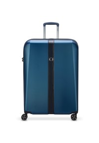 Valise rigide de couleur bleu marine avec une finition brillante, bandelette noire au centre, quatre roues et une poignée télescopique.