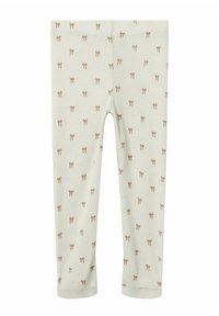 Leggings beige clair en tissu doux, ornés d'un motif répété de petits nœuds marron. Design ajusté avec une taille élastique.