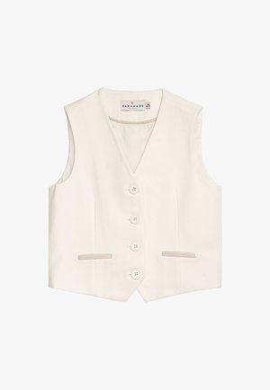 Cremefarbener Weste mit V-Ausschnitt, fünf Knöpfen und zwei Fronttaschen. Hergestellt aus glattem Stoff mit einem subtilen Schimmer.
