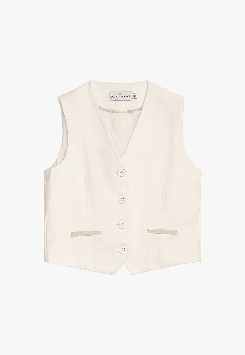 Cremefarbener Weste mit V-Ausschnitt, fünf Knöpfen und zwei Fronttaschen. Hergestellt aus glattem Stoff mit einem subtilen Schimmer.