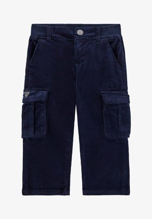 Pantaloni cargo in corduroy blu navy con vita a coste, due tasche laterali e due tasche cargo, con un dettaglio logo triangolare sulla tasca sinistra.