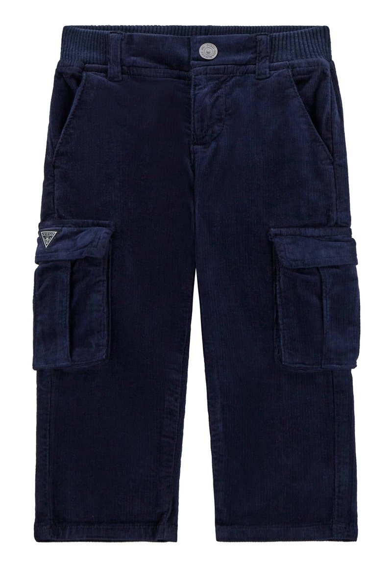 Granatowe spodnie cargo z korduroy z ryżowym paskiem, dwoma kieszeniami bocznymi i dwiema kieszeniami cargo, z trójkątnym logo na lewej kieszeni.