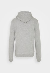 Sweat à capuche gris clair vu de dos avec manches longues, une capuche, des poignets côtelés et un ourlet côtelé.