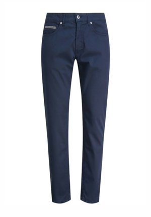 Pantaloni blu navy in cotone con vestibilità slim. Presentano una chiusura a bottoni, cinque tasche e dettagli di cucitura discreti sul davanti.
