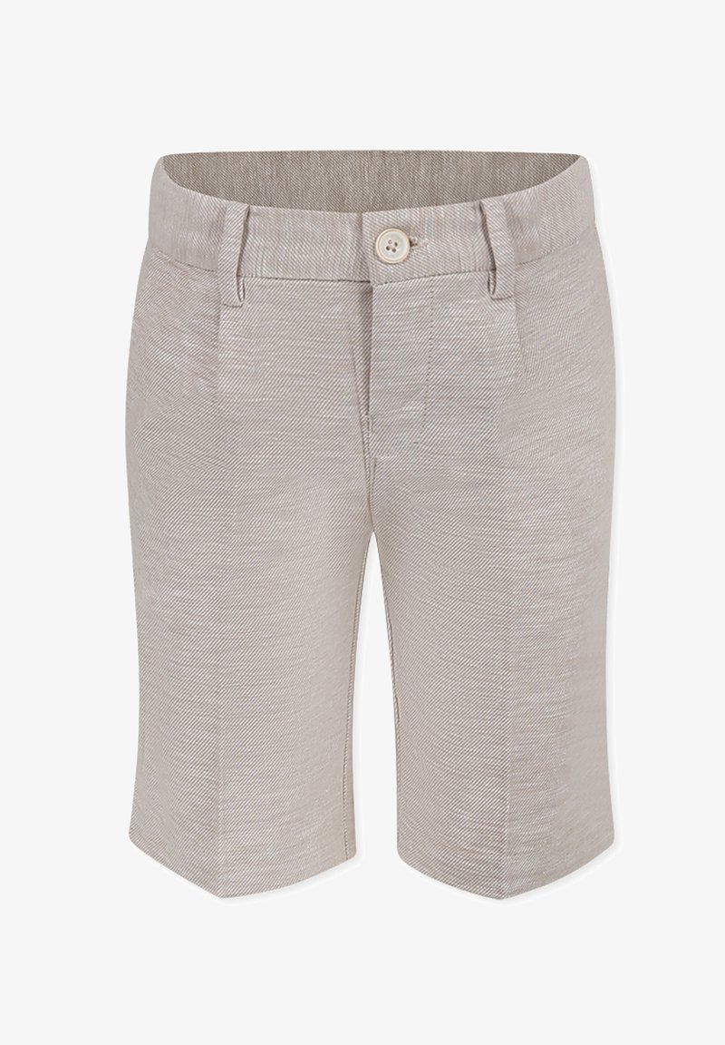Pantaloni shorts beige chiaro fino al ginocchio realizzati in tessuto testurizzato, con chiusura a bottone, fronte piatto e tasche anteriori.