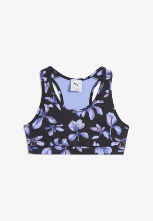 Sujetador deportivo con base negra y un estampado floral en tonos púrpura y azul. Cuenta con un diseño de espalda cruzada y una textura de tela suave.