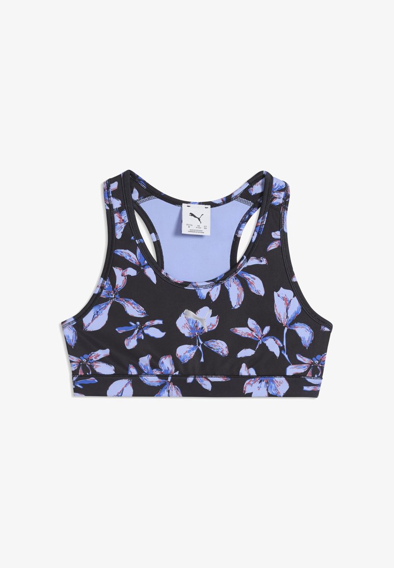 Biustonosz sportowy z czarną bazą i kwiatowym wzorem w odcieniach fioletu i niebieskiego. Posiada krój typu racerback i miękką, przyjemną w dotyku tkaninę.