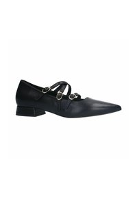 Schwarze Leder-Ballerinas mit spitzem Zeh, ausgestattet mit drei dekorativen Riemen mit kreisförmigen Akzenten und einem niedrigen Blockabsatz.