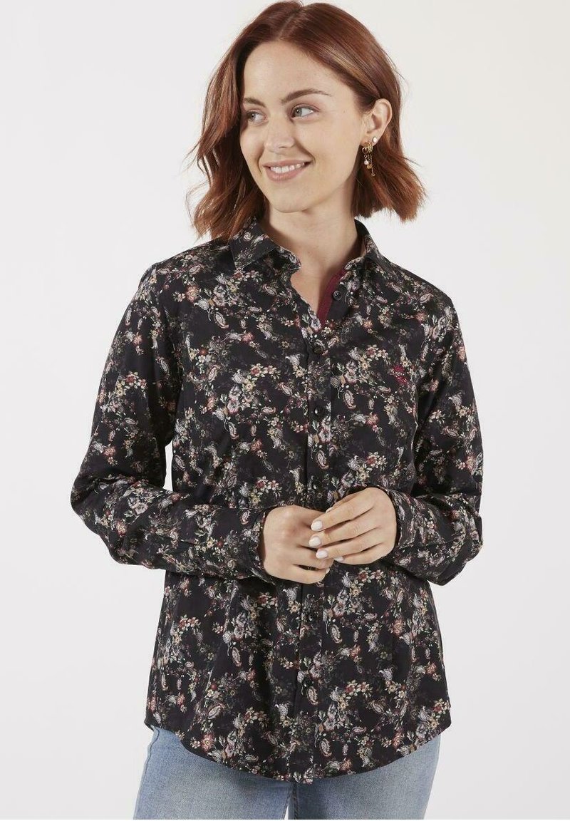 Chemise noire à manches longues avec un motif floral, design à boutons et col. Fabriquée en matériau doux avec des accents décoratifs sur le tissu.