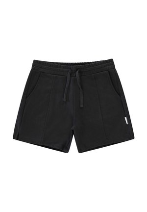 Black cotton blend shorts featuring a drawstring waist, two side pockets, and subtle stitching details. Smooth texture with a classic cut.