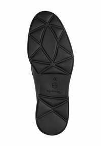 Black rubber shoe sole featuring a geometric tread pattern, smooth texture, and embossed brand logo with size number 37.