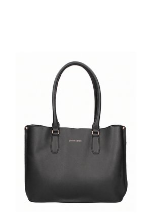 Zwarte leren totebag met twee lange handvatten, subtiele korrelstructuur en klein "pierre cardin" logo vooraan in het midden.