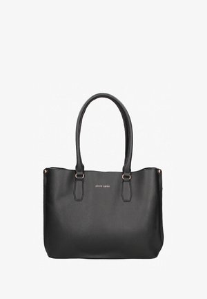 Sac cabas en cuir noir avec deux longues anses, texture subtile du grain et petit logo "pierre cardin" au centre avant.