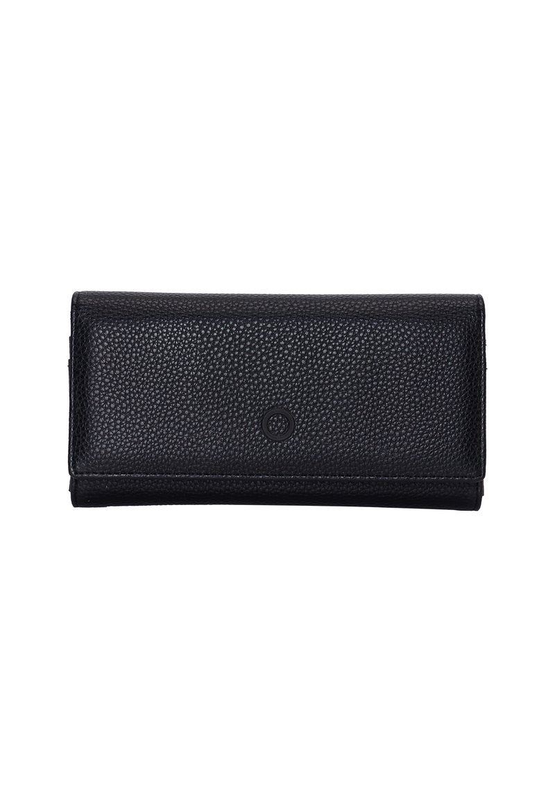 Svart läderplånbok med en texturerad yta, rektangulär form, framknäppning och en centralt präglad logotypdetalj.