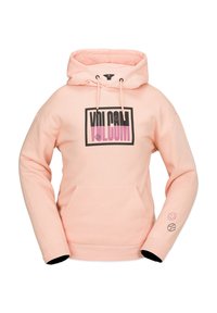 Rosa Kapuzenpullover aus weichem Material mit einer Fronttasche. Schwarz-rosa Logo-Grafik auf der Brust und Smiley-Icons auf dem Ärmel gedruckt.