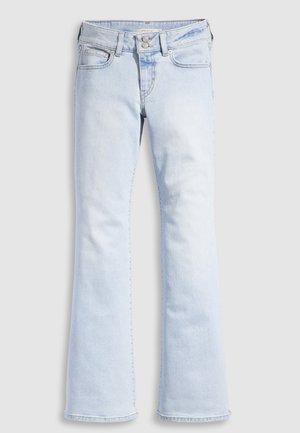 Light blue denim flared jeans with a high waist, featuring a button closure, five pockets, and subtle whiskering at the hips.
