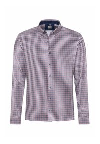 Camicia a maniche lunghe da uomo in un motivo a quadretti rossi e blu navy, con colletto button-down e patta frontale con bottoni blu.