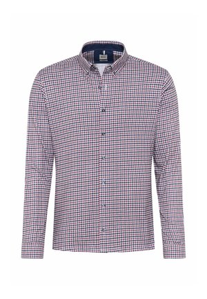 Camicia a maniche lunghe da uomo in un motivo a quadretti rossi e blu navy, con colletto button-down e patta frontale con bottoni blu.