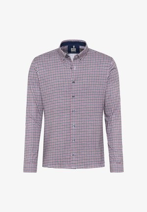 Heren overhemden met lange mouwen in een rood en marineblauw geblokt patroon, voorzien van een button-down kraag en een voorpaneel met blauwe knopen.